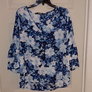EUC Lovely Blue Floral Blouse By Cure, XL, 3/4 Ruffled Sleeves